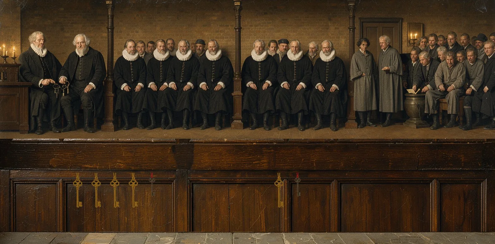Oil painting of who controls Alphabet: the board, the largest holders and the shareholders, with their keys below.