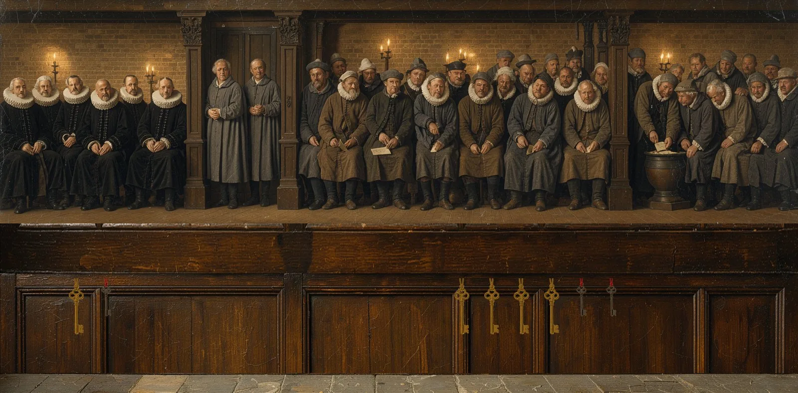 Oil painting of who controls Apple: the board, the largest holders and the shareholders, with their keys below.