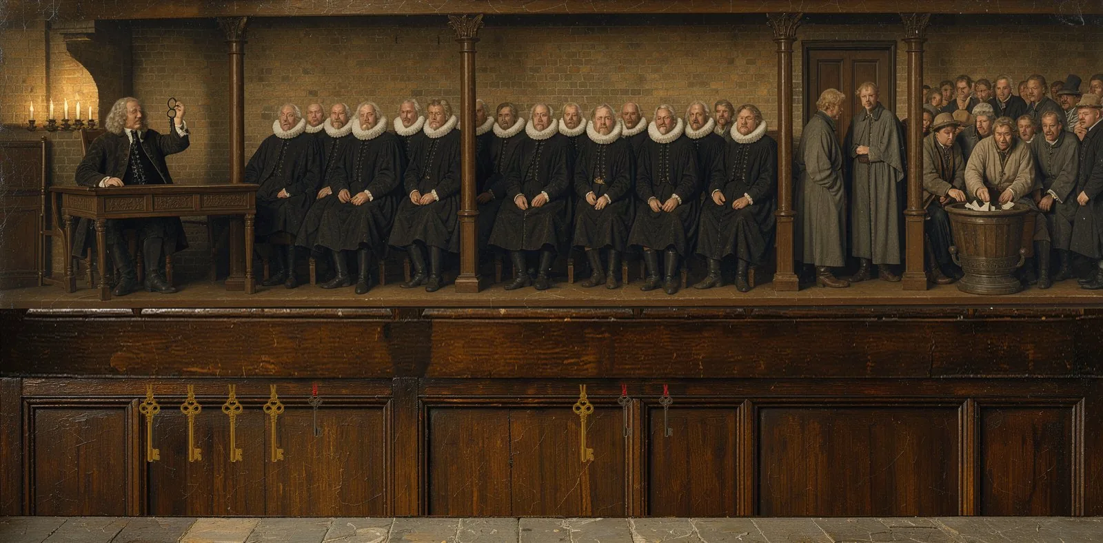 Oil painting of who controls Meta: the board, the largest holders and the shareholders, with their keys below.