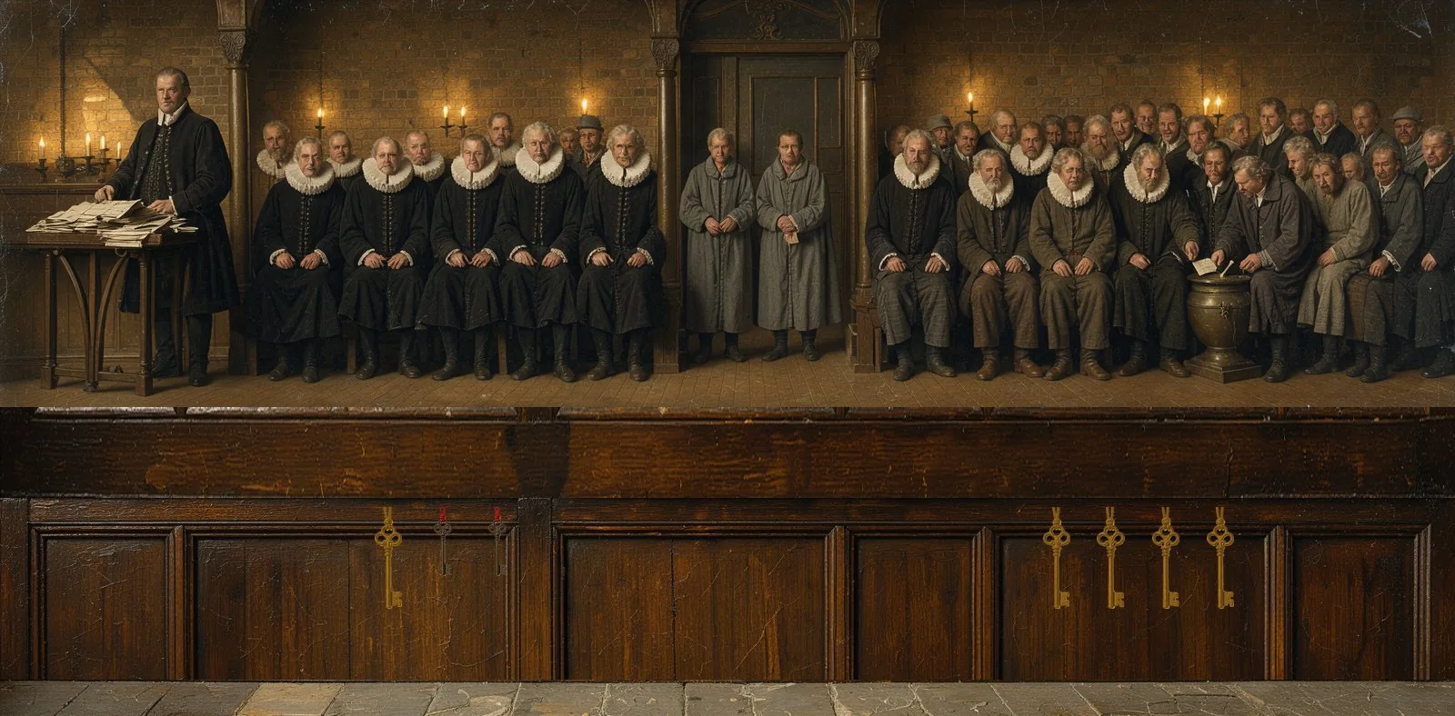 Oil painting of who controls Tesla: the board, the largest holders and the shareholders, with their keys below.