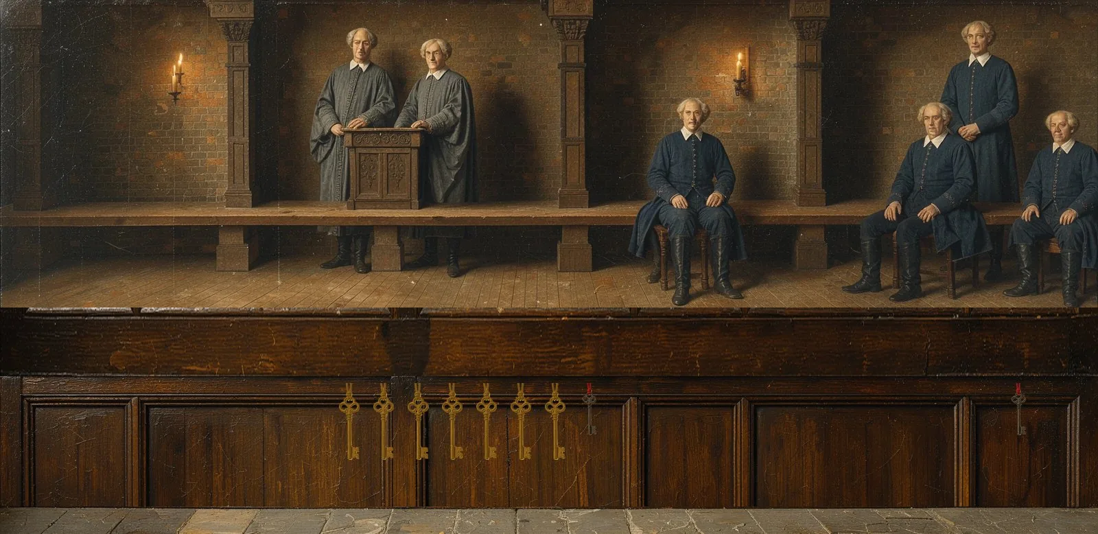 Oil painting of ADI Chain's governance: the key-holders seated in a council gallery, their keys hanging below.
