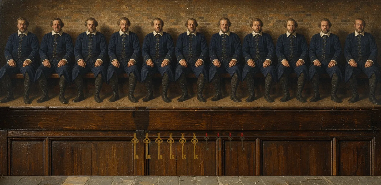 Oil painting of Aevo's governance: the key-holders seated in a council gallery, their keys hanging below.