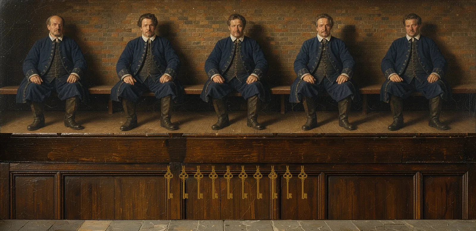 Oil painting of AlienX's governance: the key-holders seated in a council gallery, their keys hanging below.