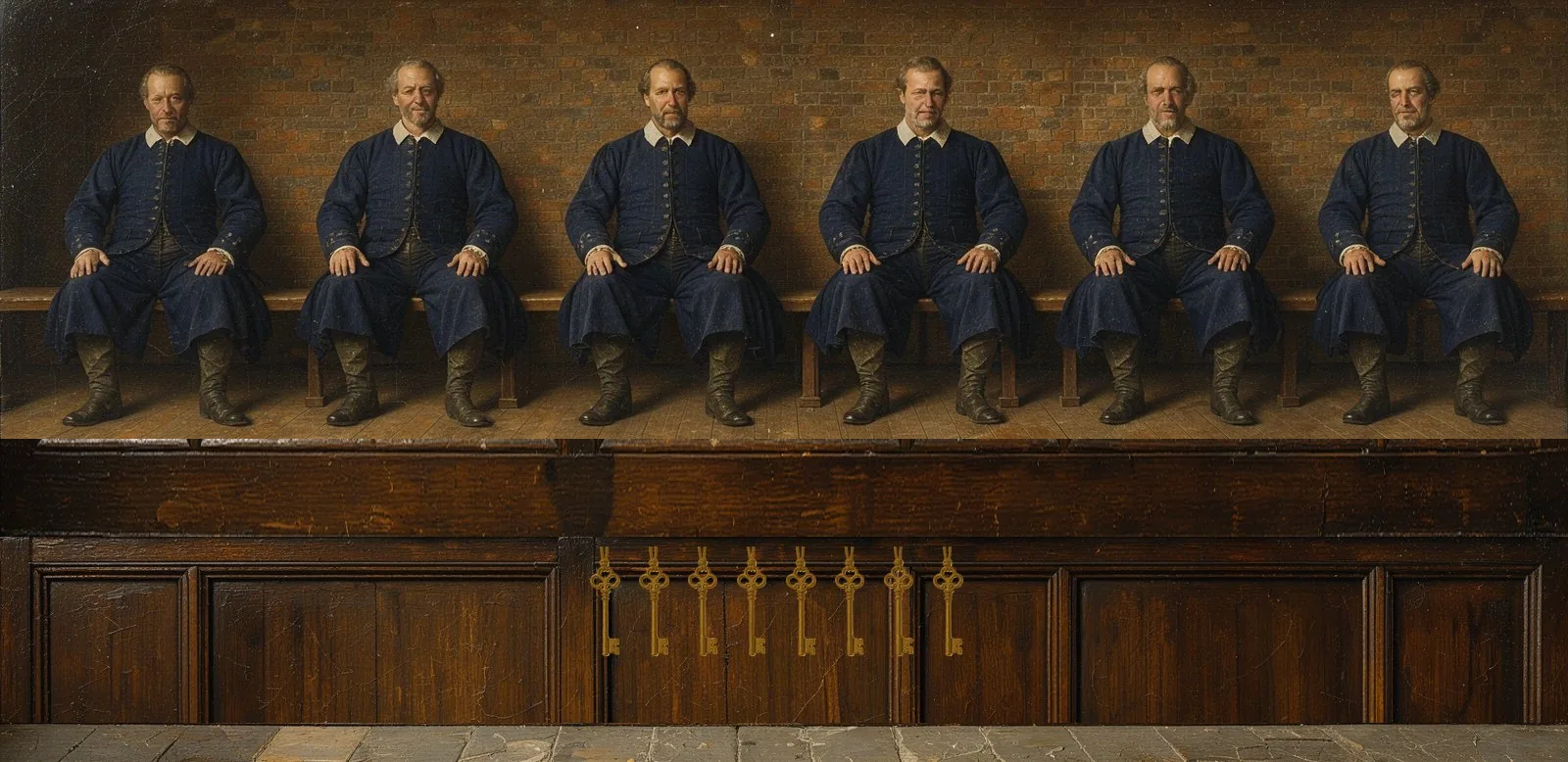 Oil painting of Appchain's governance: the key-holders seated in a council gallery, their keys hanging below.