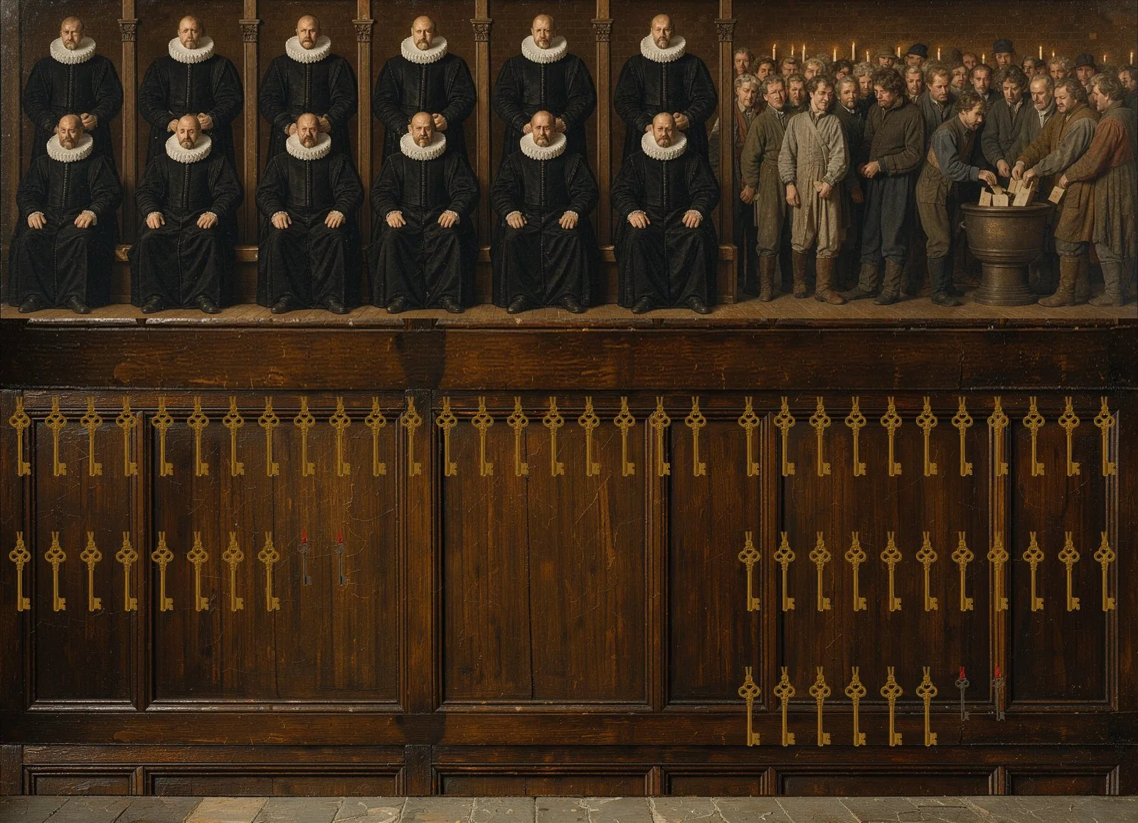 Oil painting of Arbitrum One's governance: the key-holders seated in a council gallery, their keys hanging below.