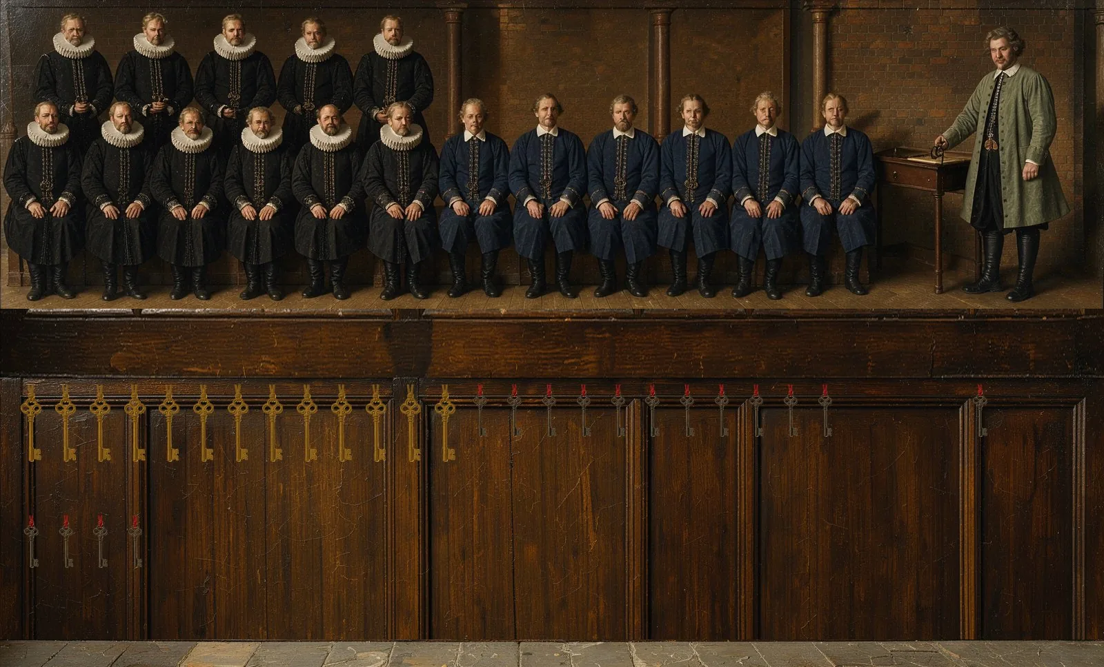 Oil painting of Base Chain's governance: the key-holders seated in a council gallery, their keys hanging below.