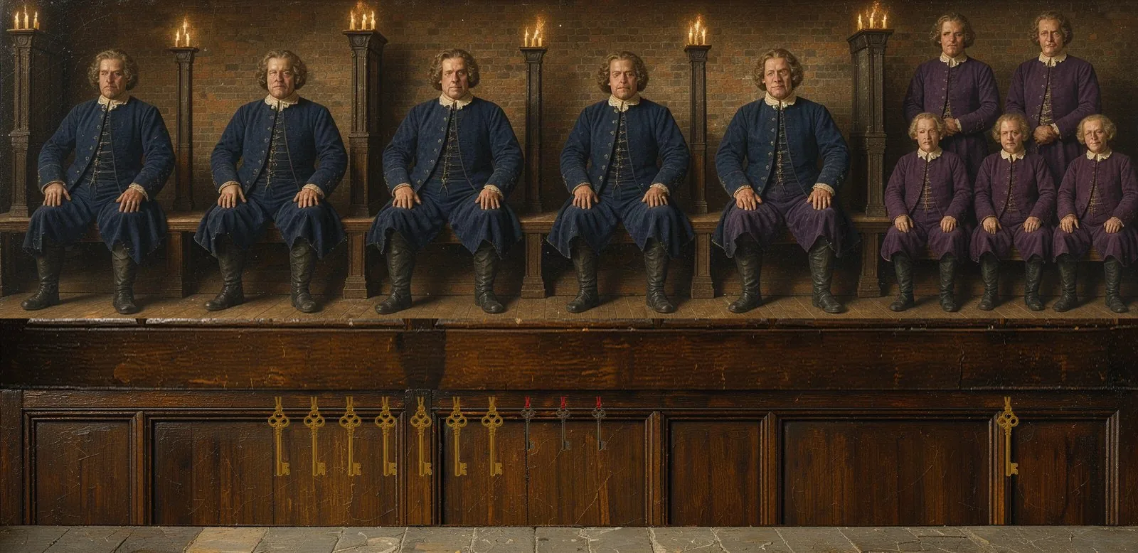 Oil painting of Blast's governance: the key-holders seated in a council gallery, their keys hanging below.
