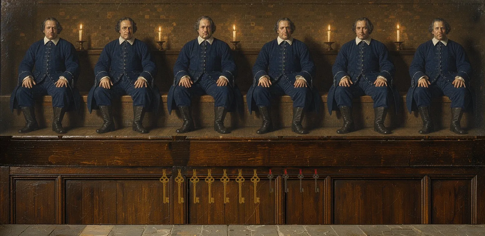 Oil painting of BOB's governance: the key-holders seated in a council gallery, their keys hanging below.