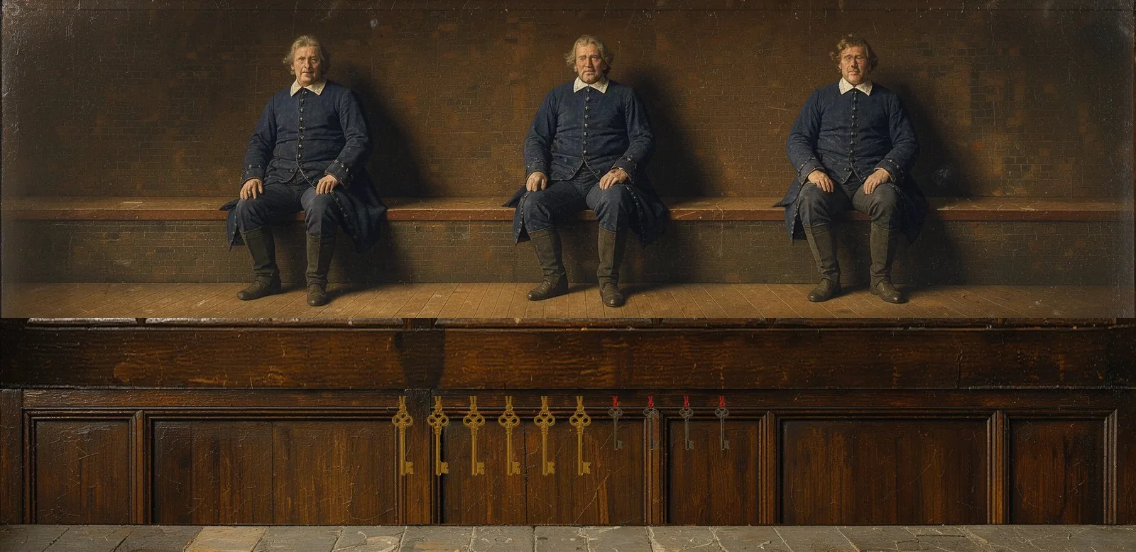 Oil painting of Boba Network's governance: the key-holders seated in a council gallery, their keys hanging below.