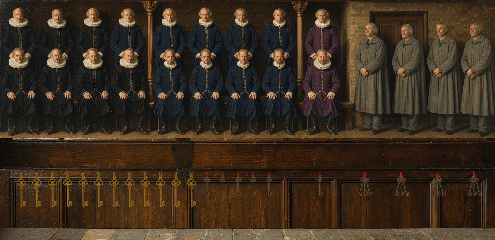 Oil painting of Celo's governance: the key-holders seated in a council gallery, their keys hanging below.