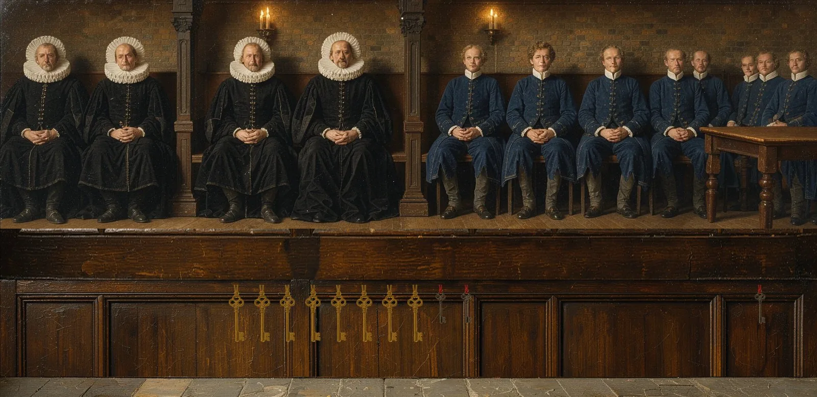 Oil painting of Cronos zkEVM's governance: the key-holders seated in a council gallery, their keys hanging below.