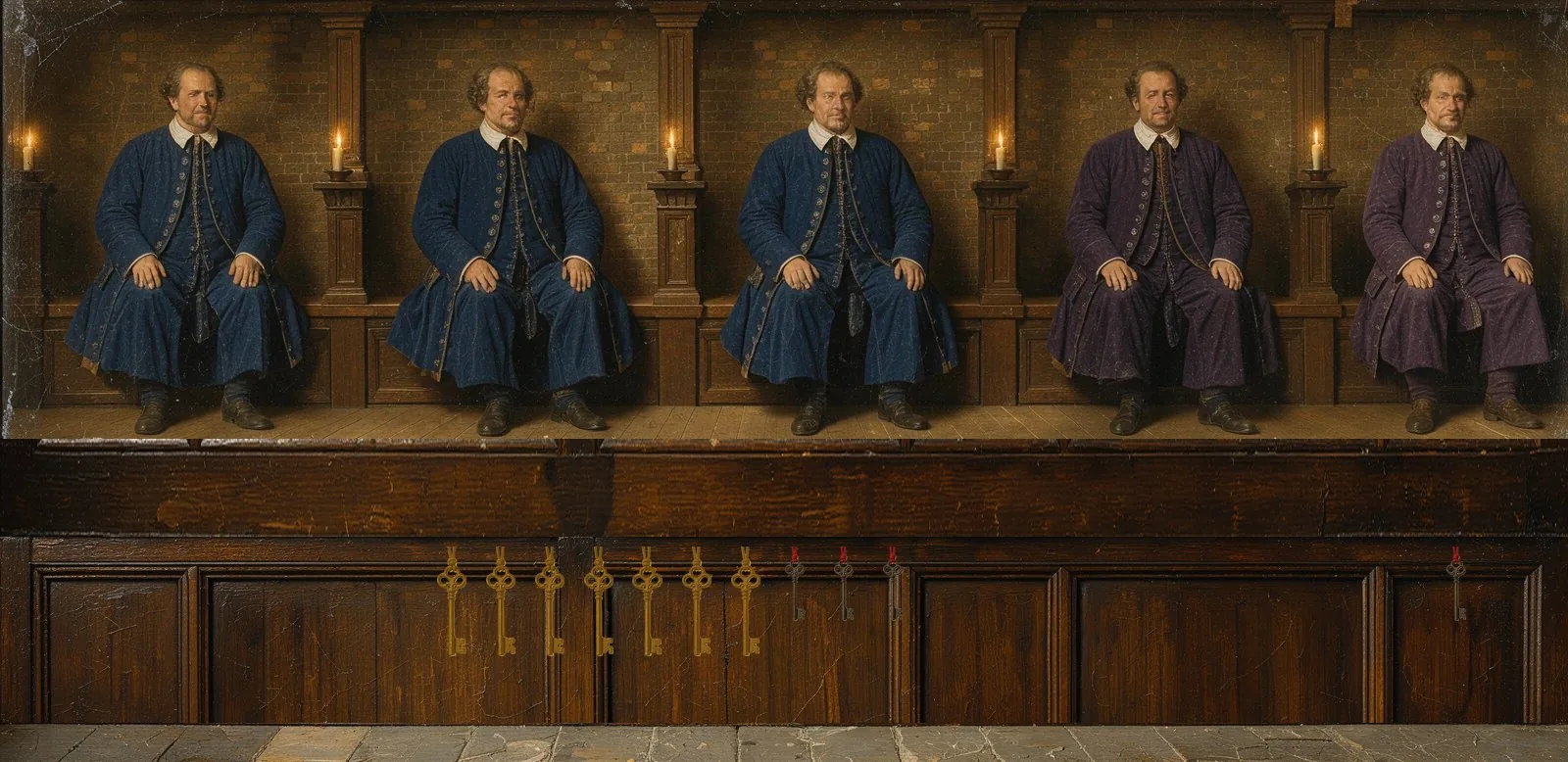 Oil painting of Cyber's governance: the key-holders seated in a council gallery, their keys hanging below.