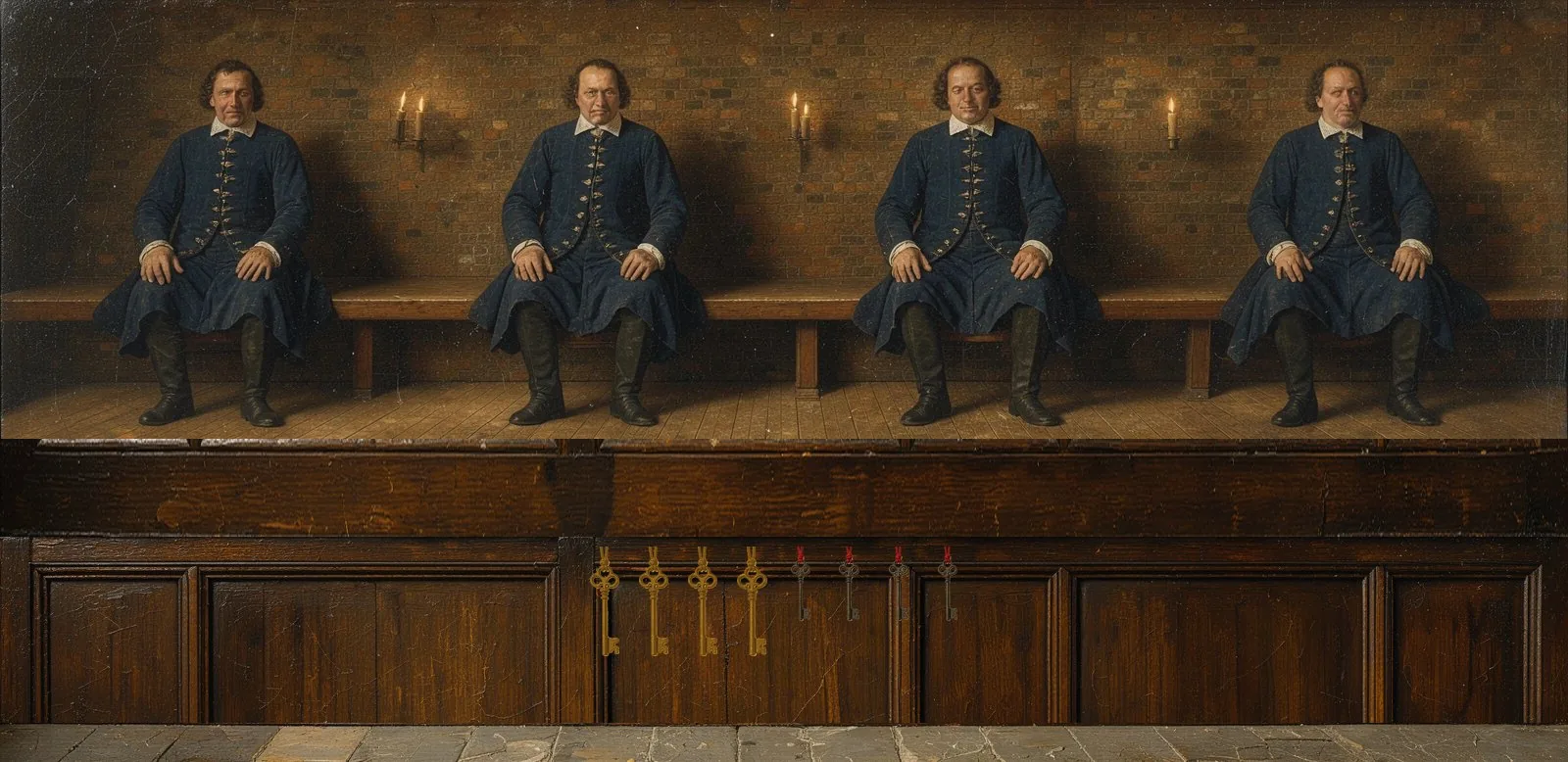 Oil painting of DeBank Chain's governance: the key-holders seated in a council gallery, their keys hanging below.