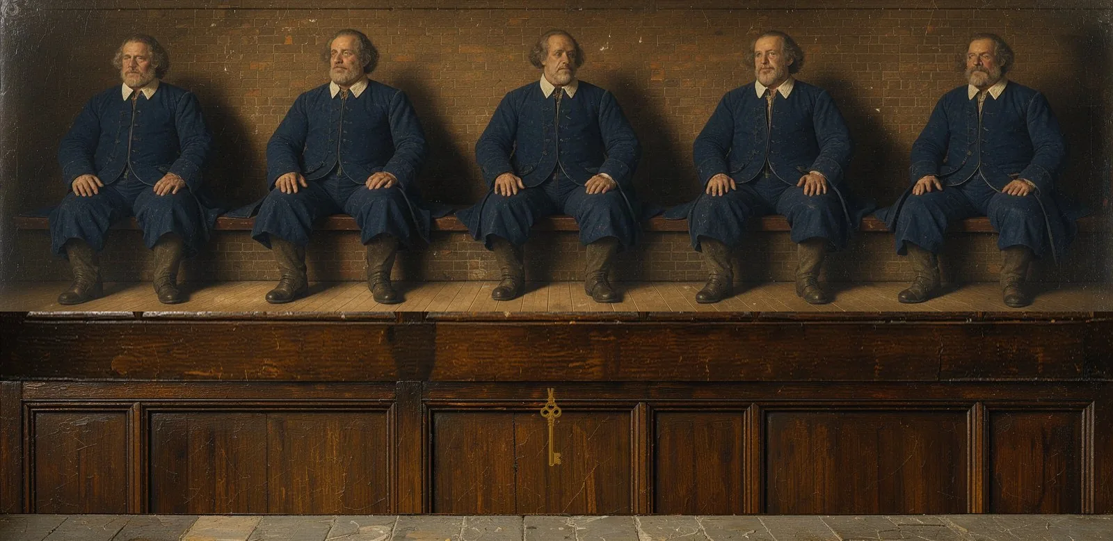 Oil painting of Eclipse's governance: the key-holders seated in a council gallery, their keys hanging below.
