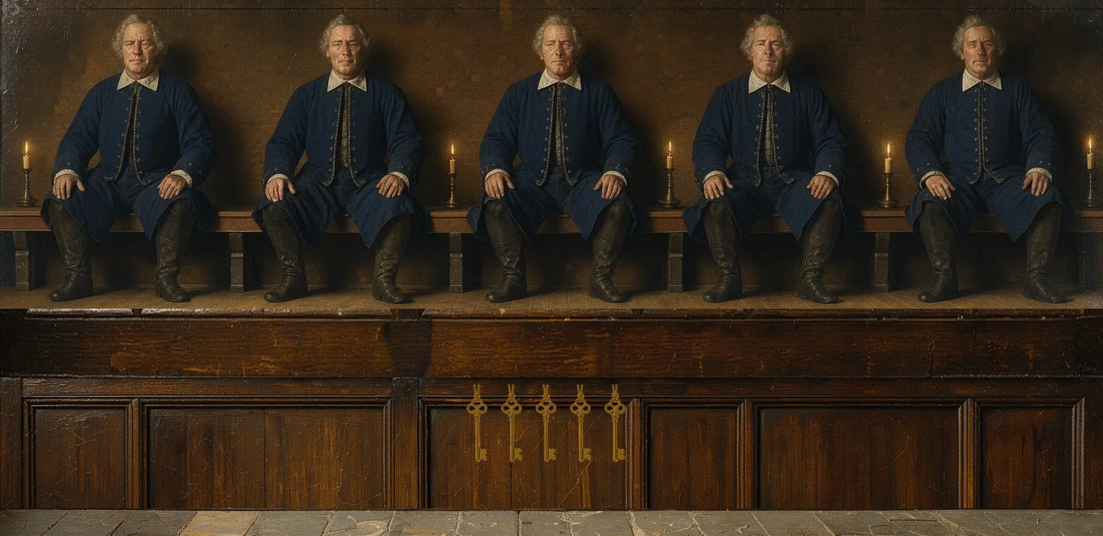 Oil painting of Fluent's governance: the key-holders seated in a council gallery, their keys hanging below.