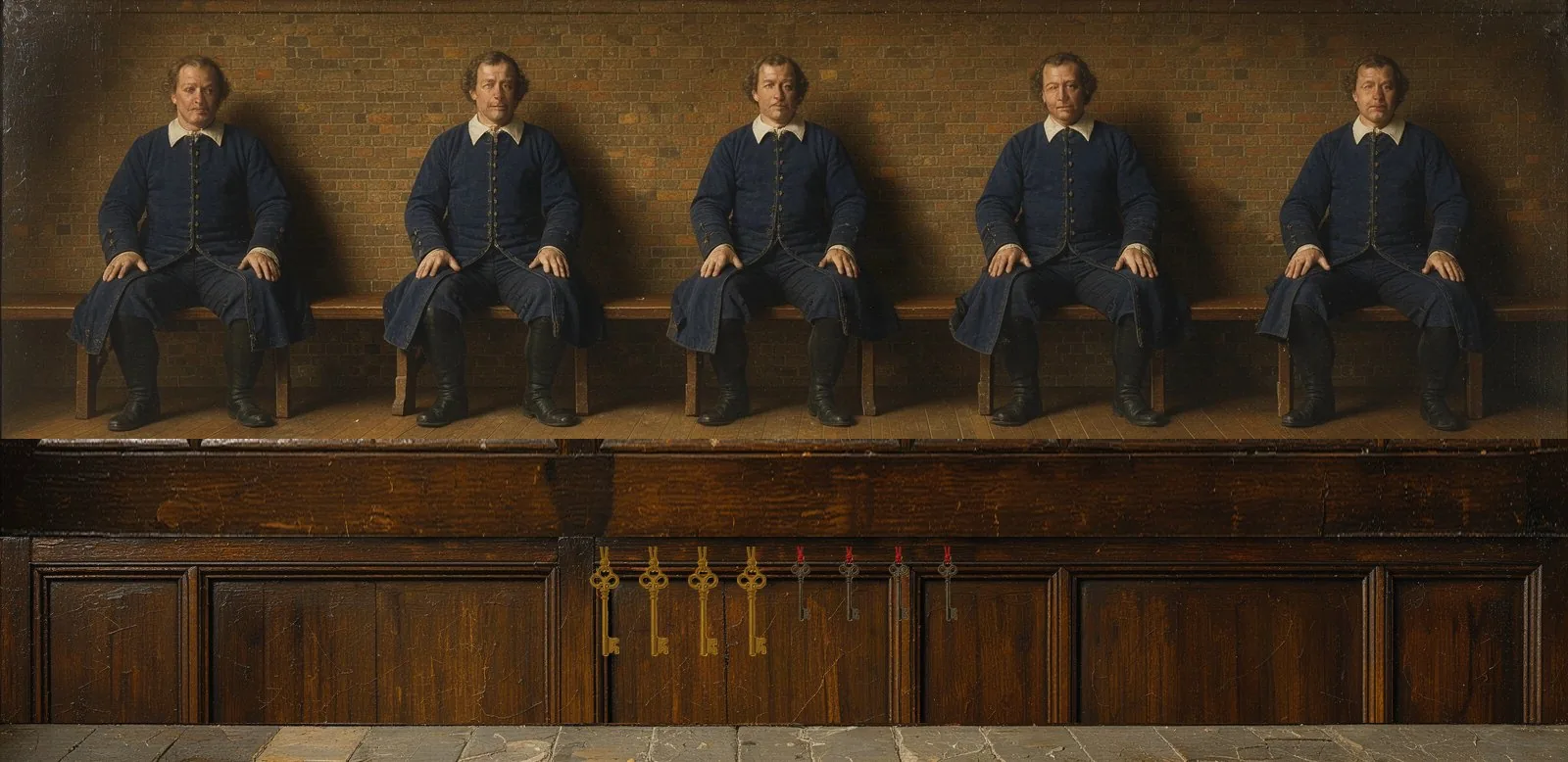 Oil painting of Fraxtal's governance: the key-holders seated in a council gallery, their keys hanging below.