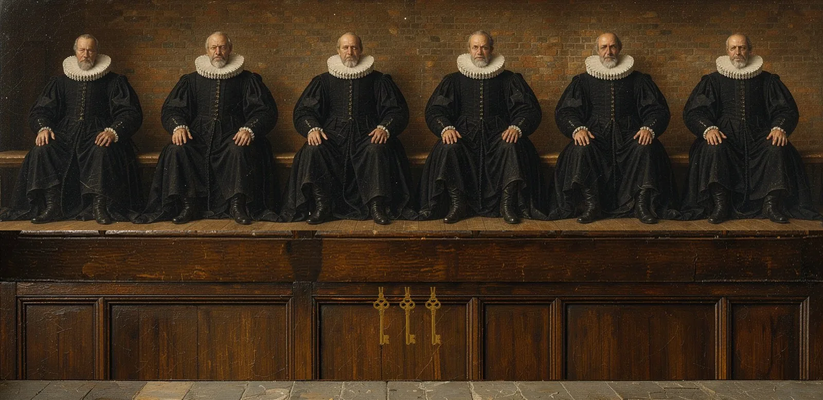 Oil painting of Fuel Ignition's governance: the key-holders seated in a council gallery, their keys hanging below.