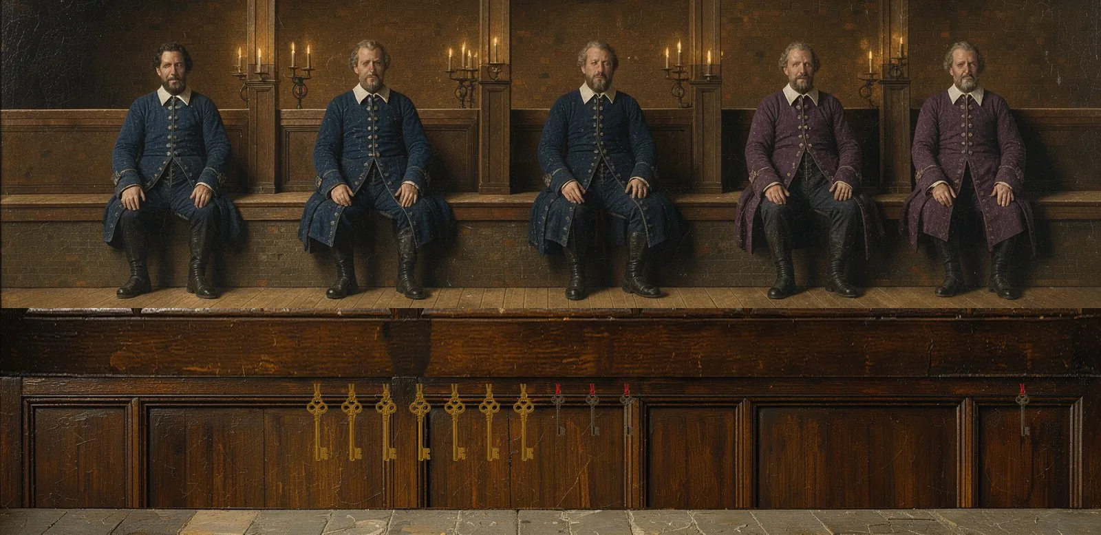 Oil painting of Funki's governance: the key-holders seated in a council gallery, their keys hanging below.