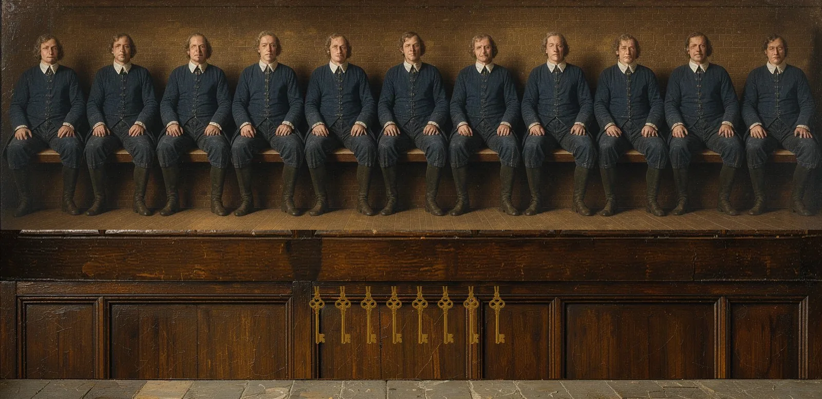 Oil painting of Gravity's governance: the key-holders seated in a council gallery, their keys hanging below.