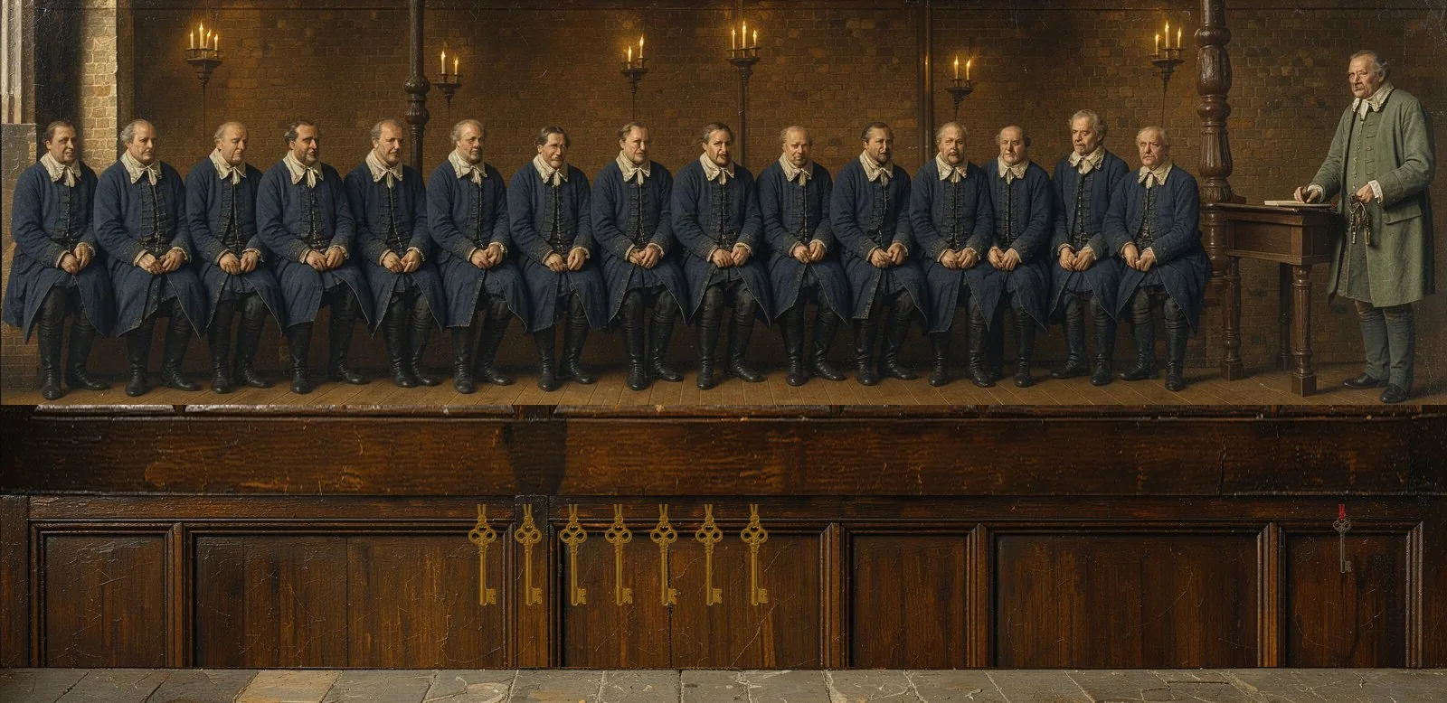 Oil painting of Gnosis Chain's governance: the key-holders seated in a council gallery, their keys hanging below.