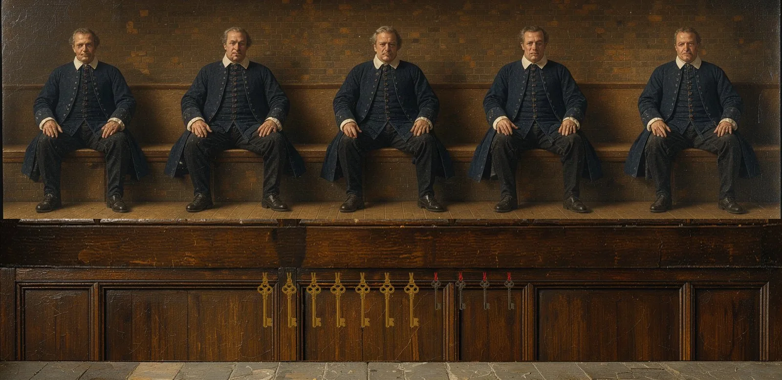 Oil painting of HashKey Chain's governance: the key-holders seated in a council gallery, their keys hanging below.