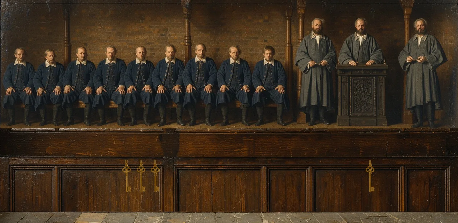 Oil painting of Haust Network's governance: the key-holders seated in a council gallery, their keys hanging below.