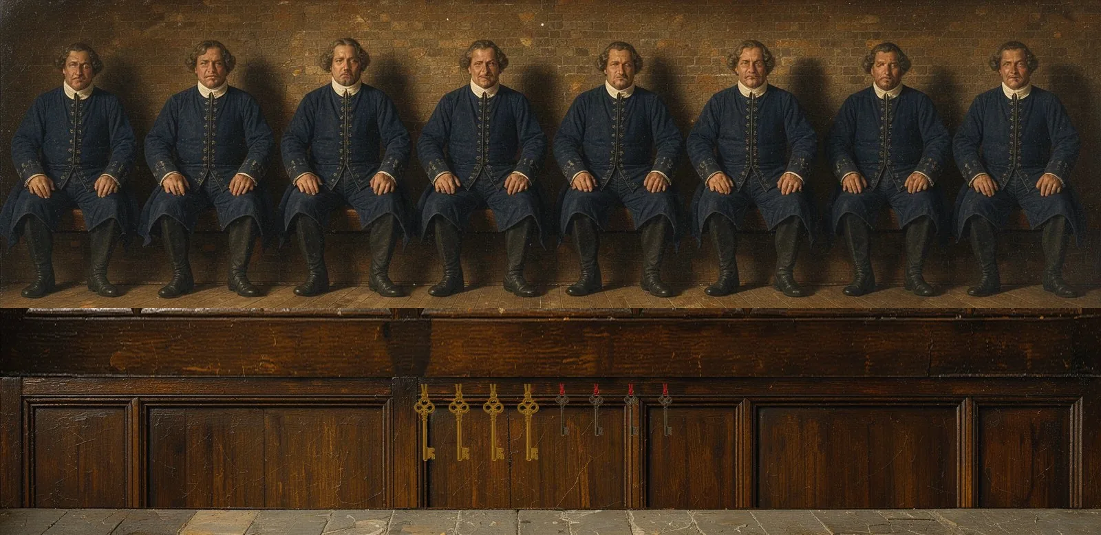 Oil painting of Hemi's governance: the key-holders seated in a council gallery, their keys hanging below.