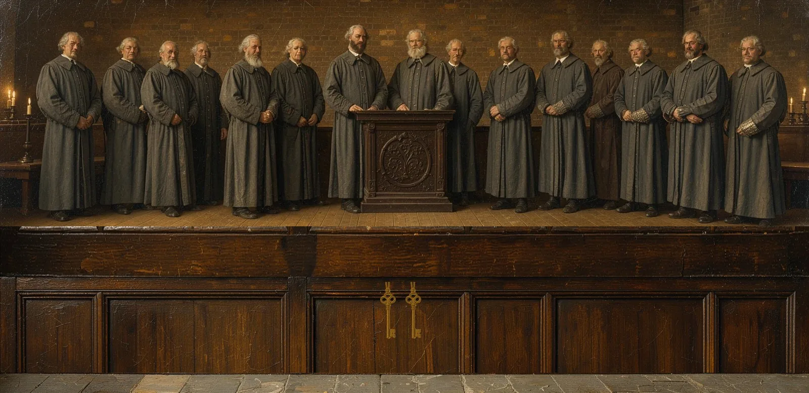 Oil painting of Immutable zkEVM's governance: the key-holders seated in a council gallery, their keys hanging below.