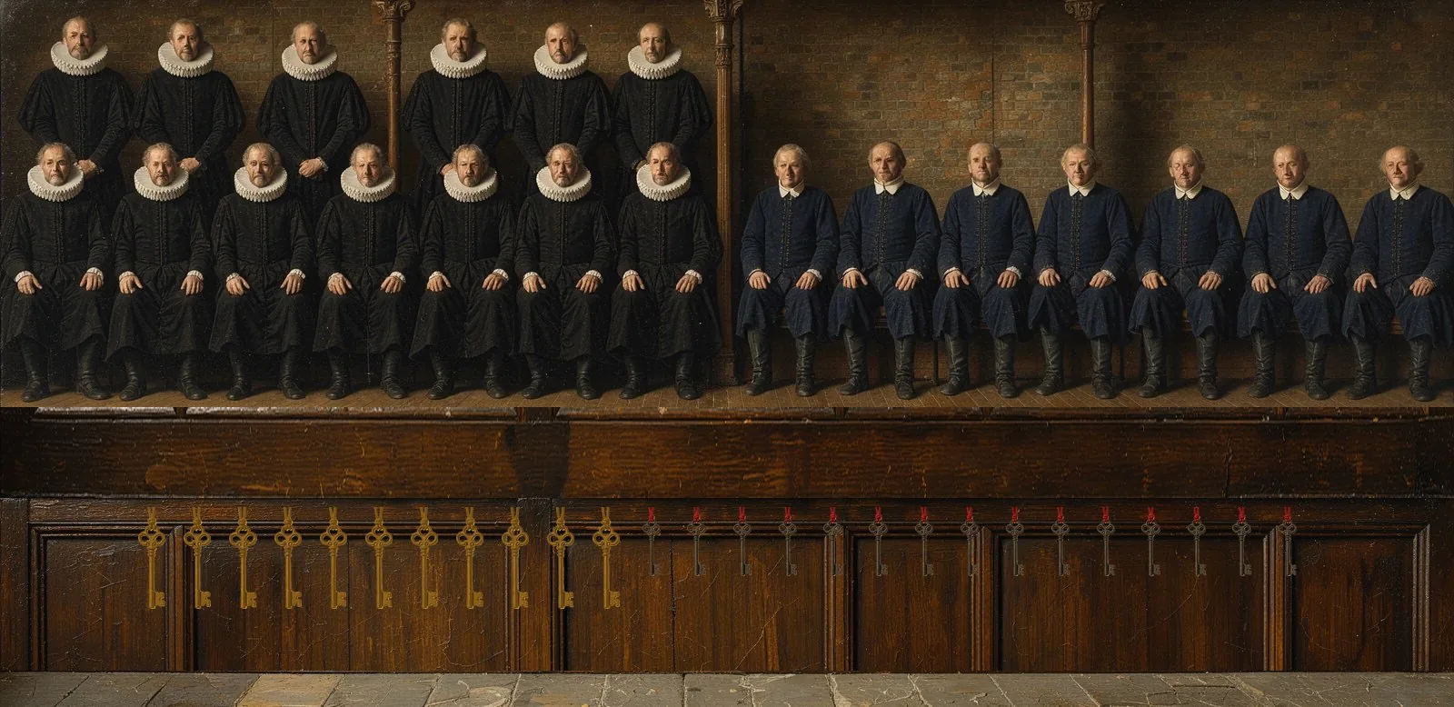 Oil painting of Ink's governance: the key-holders seated in a council gallery, their keys hanging below.