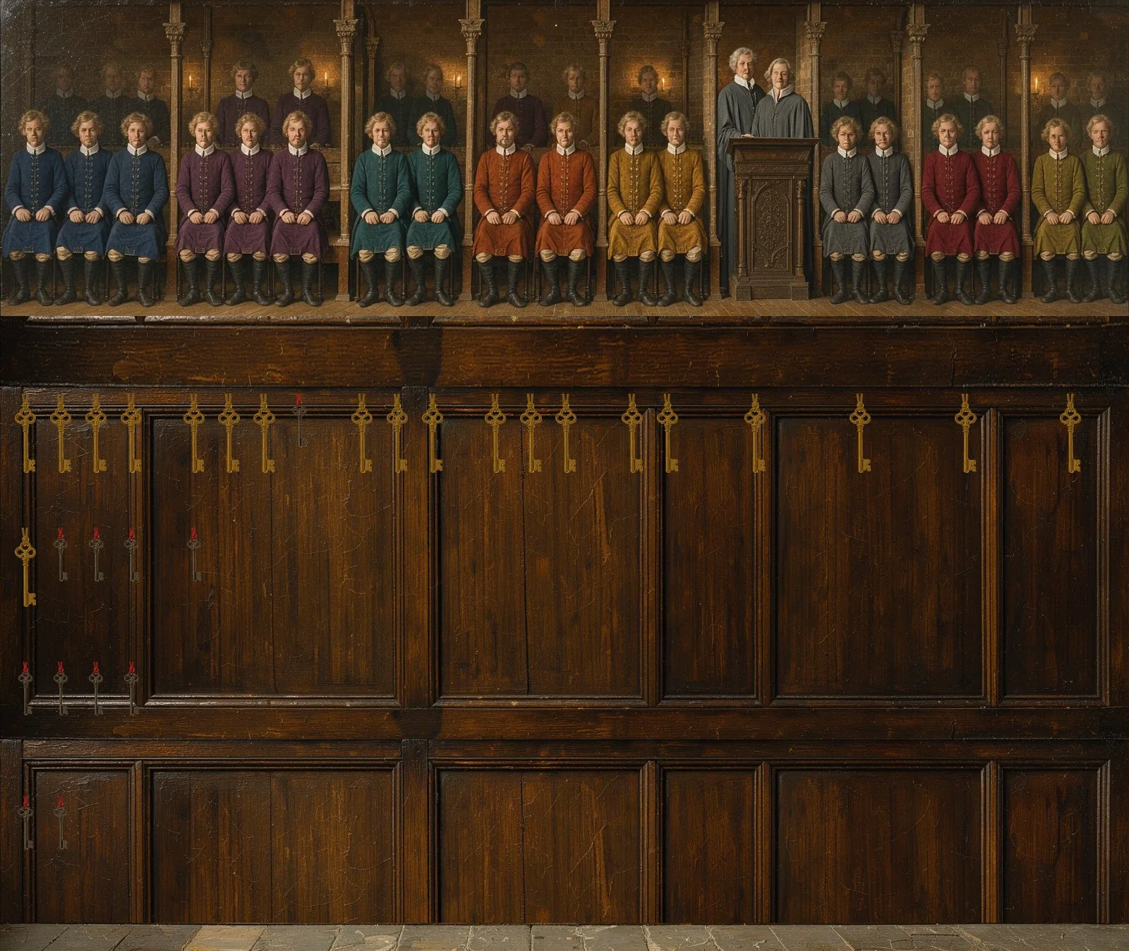 Oil painting of Katana's governance: the key-holders seated in a council gallery, their keys hanging below.