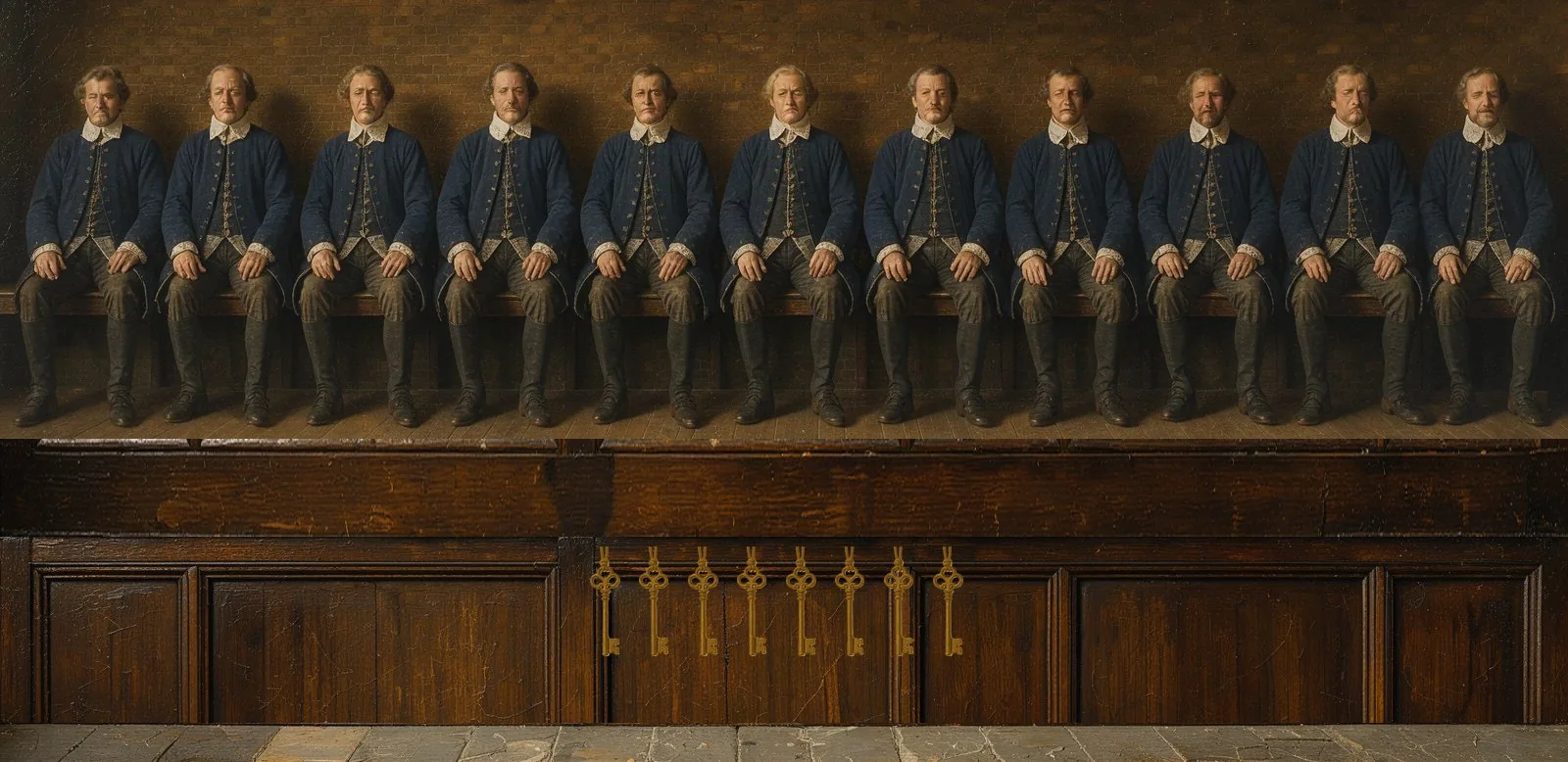 Oil painting of Lasernet's governance: the key-holders seated in a council gallery, their keys hanging below.