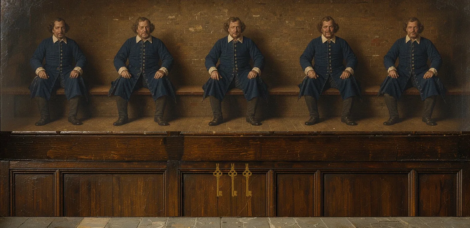 Oil painting of Lighter's governance: the key-holders seated in a council gallery, their keys hanging below.