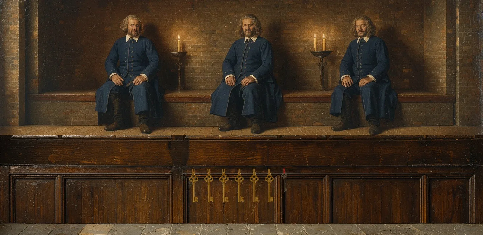 Oil painting of LightLink's governance: the key-holders seated in a council gallery, their keys hanging below.
