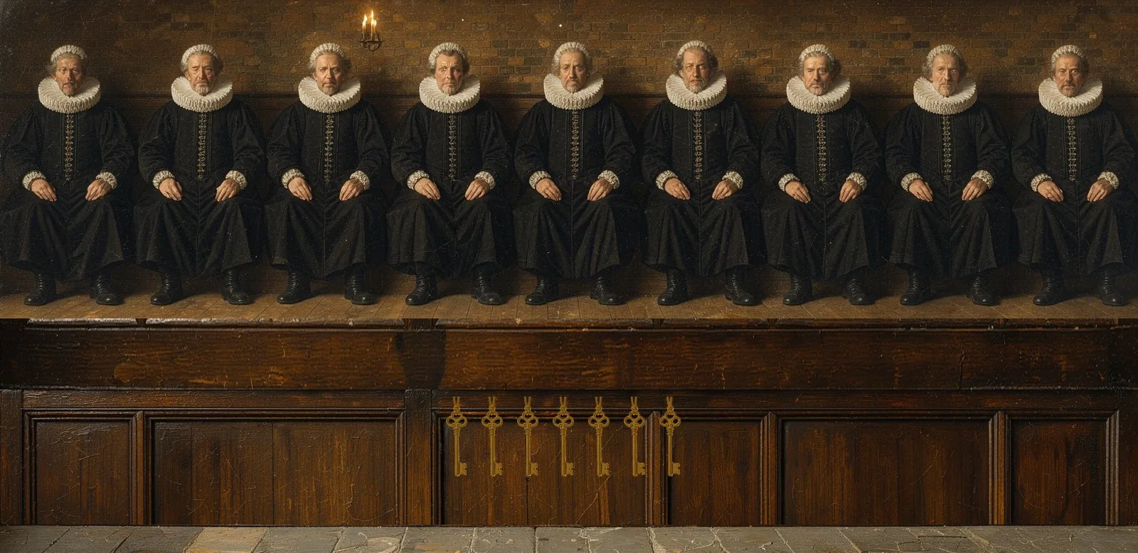 Oil painting of Linea's governance: the key-holders seated in a council gallery, their keys hanging below.