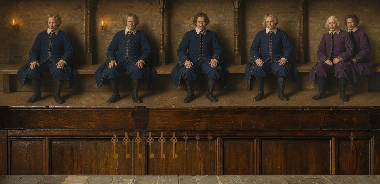 Oil painting of Lisk's governance: the key-holders seated in a council gallery, their keys hanging below.