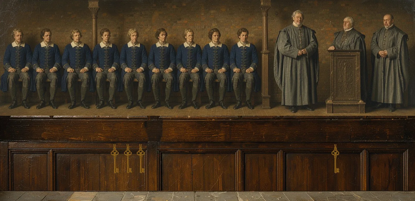 Oil painting of Lumia Prism's governance: the key-holders seated in a council gallery, their keys hanging below.