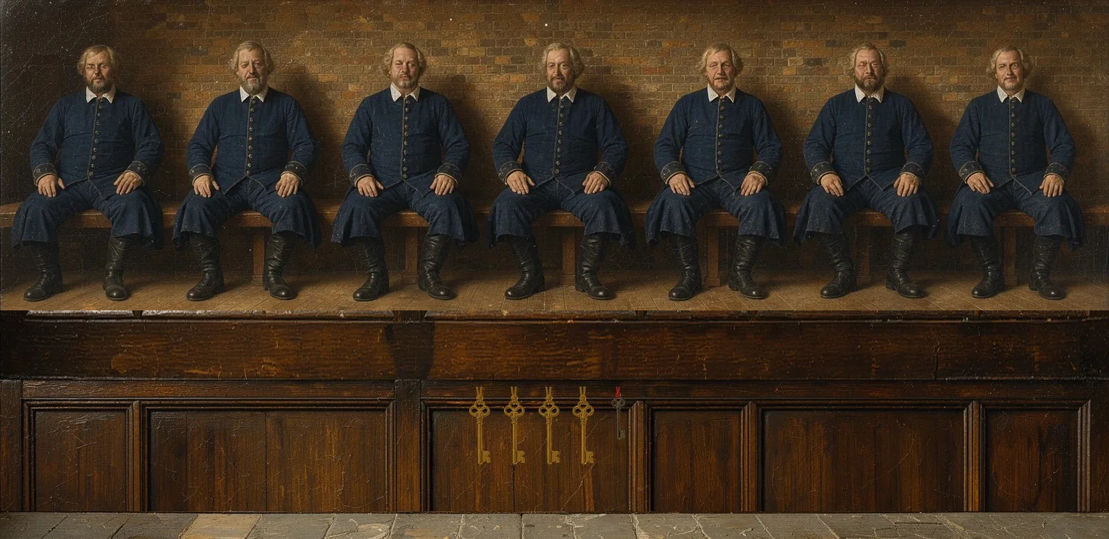 Oil painting of Manta Pacific's governance: the key-holders seated in a council gallery, their keys hanging below.