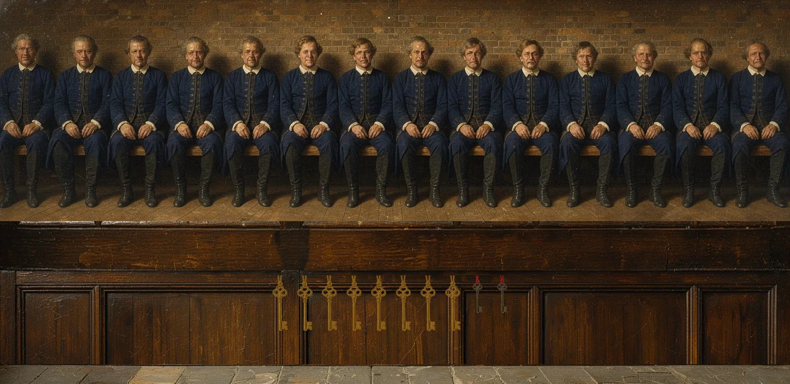 Oil painting of Mantle's governance: the key-holders seated in a council gallery, their keys hanging below.