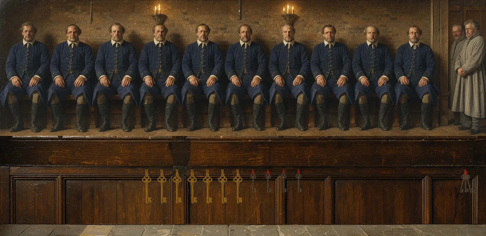 Oil painting of MegaETH's governance: the key-holders seated in a council gallery, their keys hanging below.