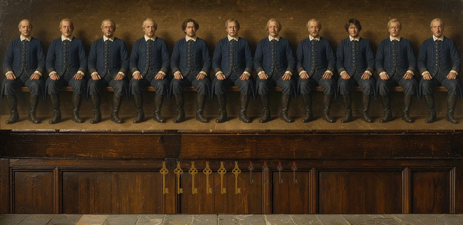 Oil painting of Metal's governance: the key-holders seated in a council gallery, their keys hanging below.