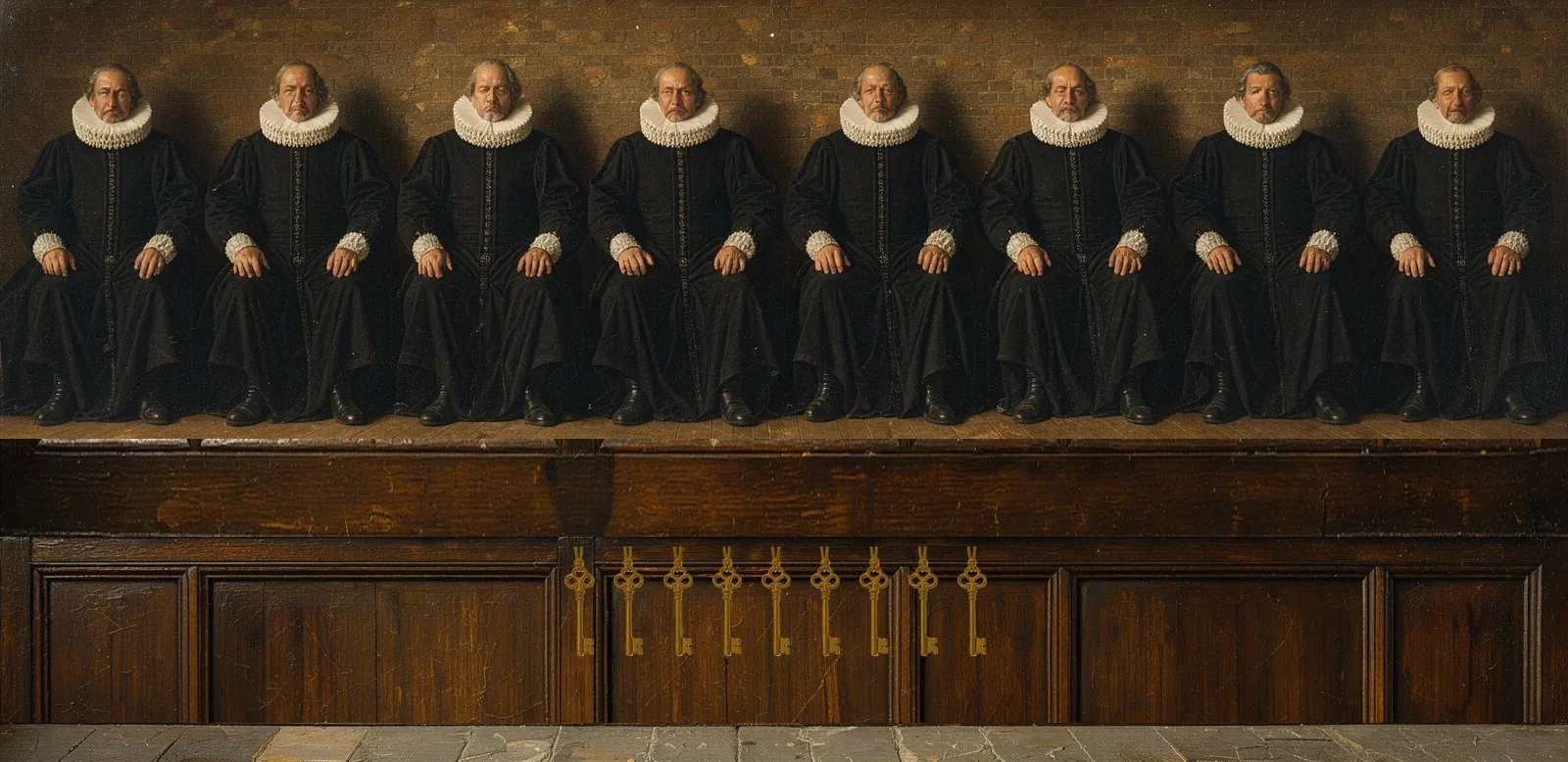 Oil painting of Metis Andromeda's governance: the key-holders seated in a council gallery, their keys hanging below.