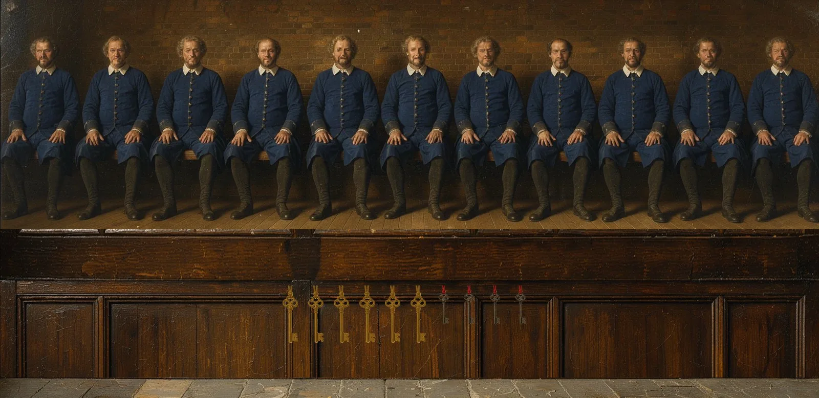 Oil painting of Mode Network's governance: the key-holders seated in a council gallery, their keys hanging below.