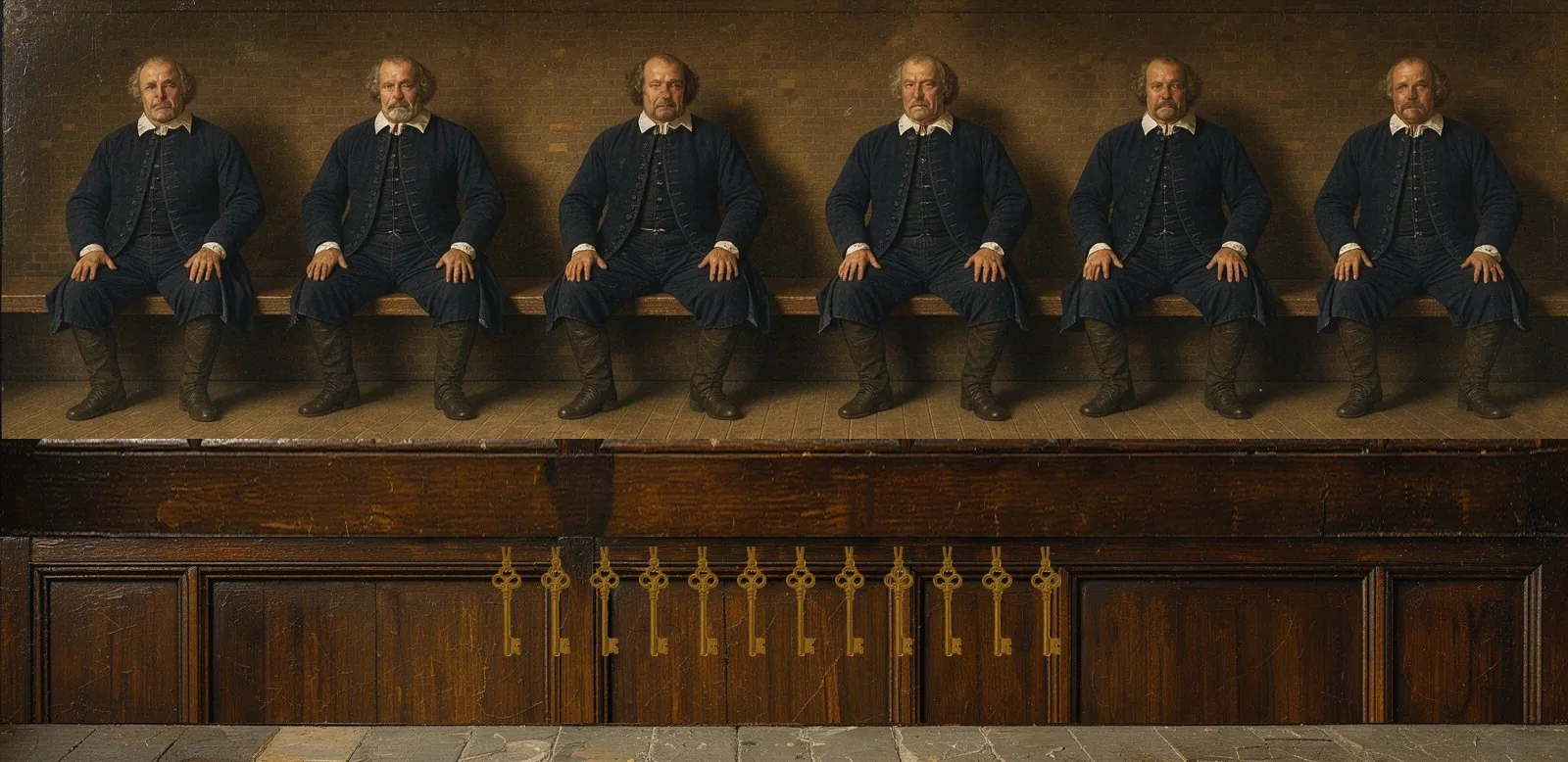 Oil painting of Morph's governance: the key-holders seated in a council gallery, their keys hanging below.