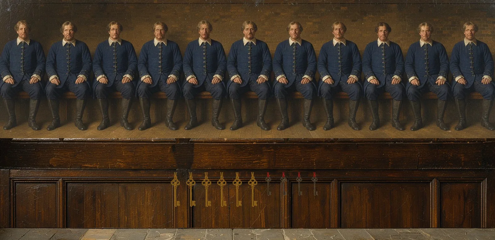 Oil painting of Nillion's governance: the key-holders seated in a council gallery, their keys hanging below.