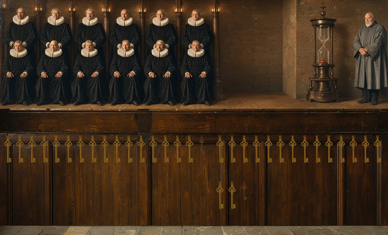 Oil painting of Arbitrum Nova's governance: the key-holders seated in a council gallery, their keys hanging below.