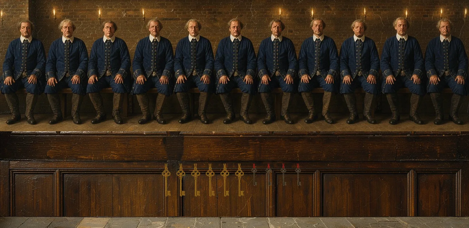 Oil painting of Orderly Network's governance: the key-holders seated in a council gallery, their keys hanging below.
