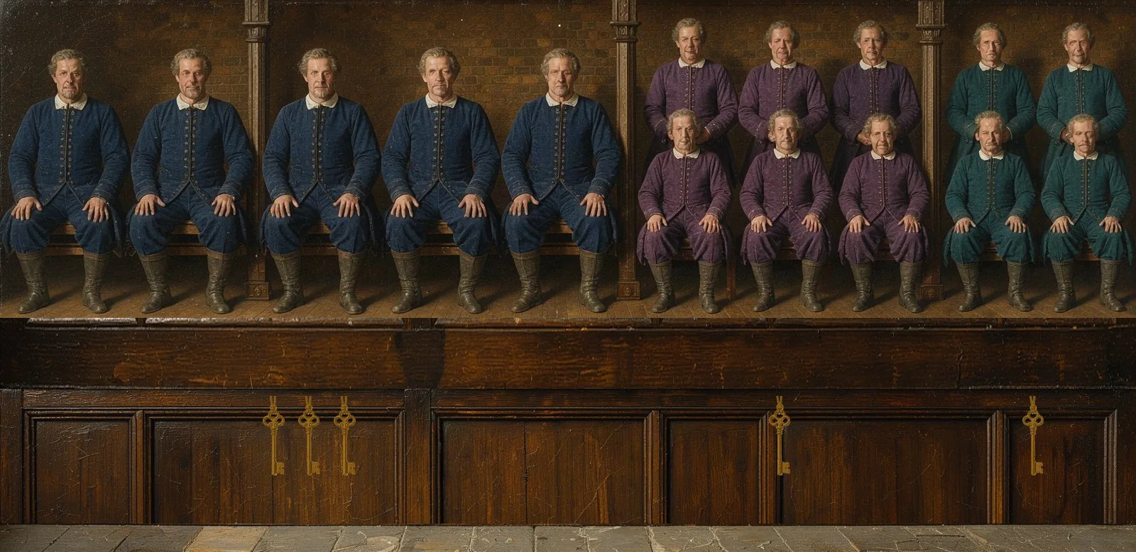 Oil painting of Paradex's governance: the key-holders seated in a council gallery, their keys hanging below.