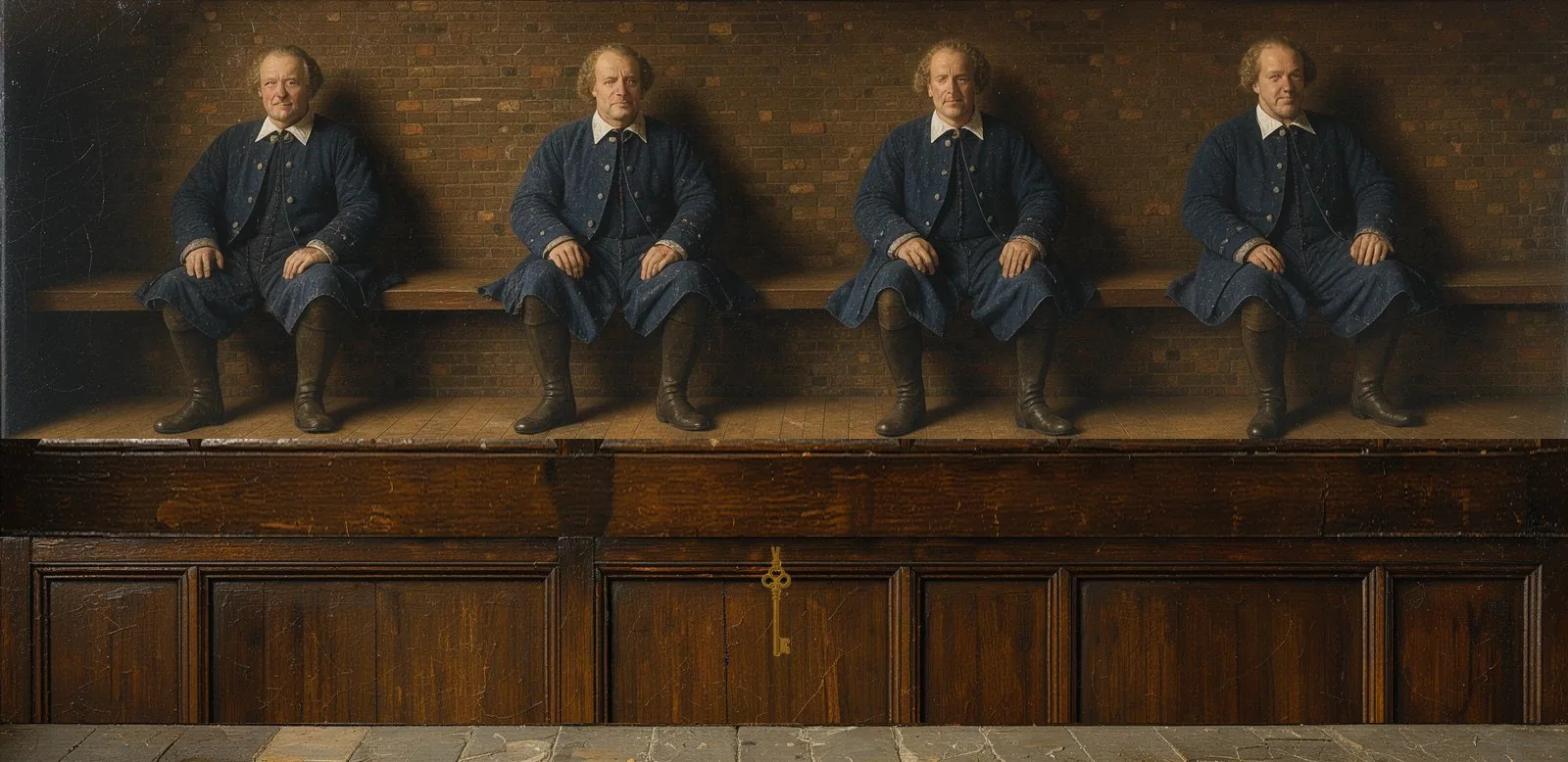 Oil painting of Payy's governance: the key-holders seated in a council gallery, their keys hanging below.