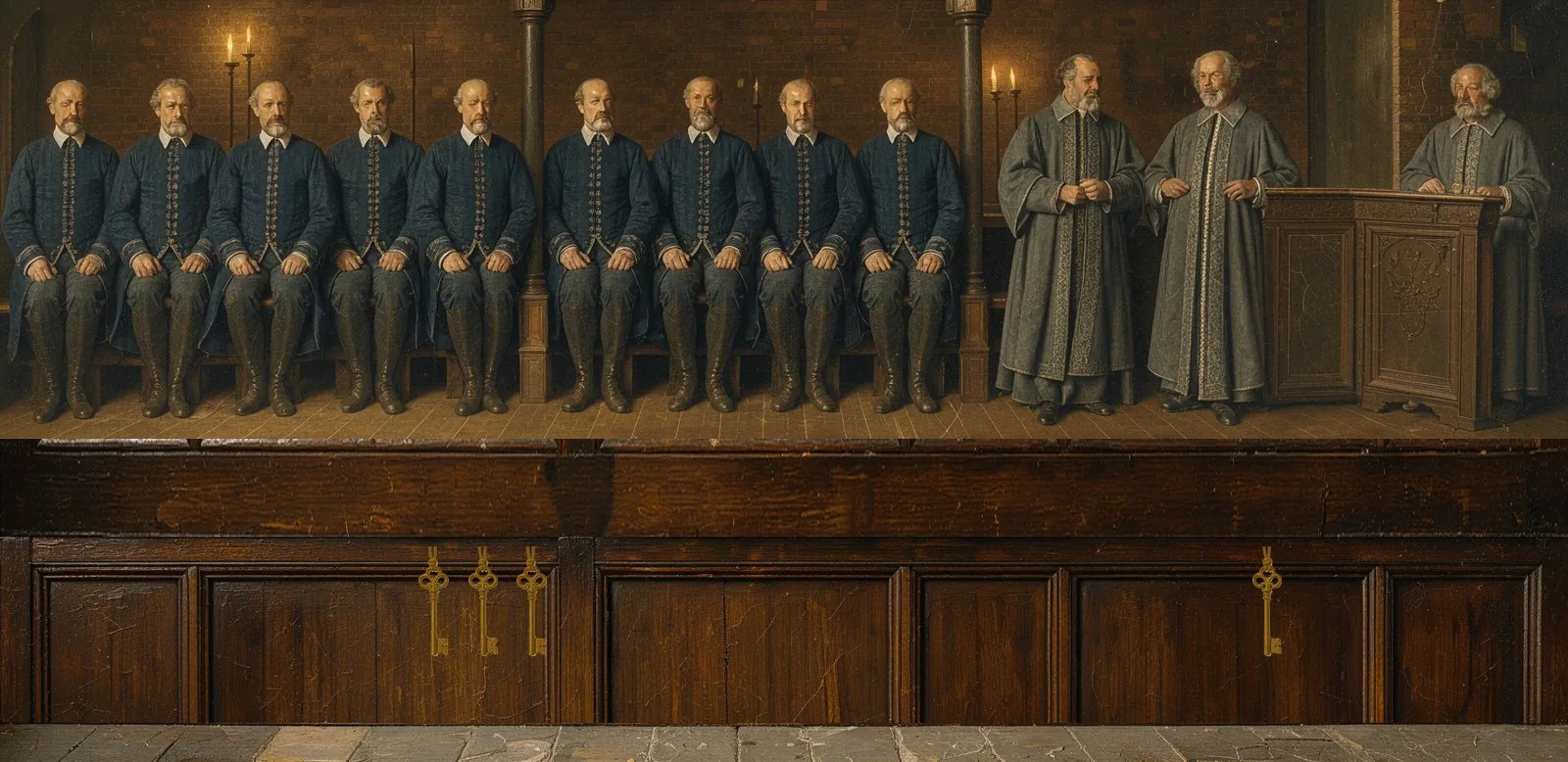 Oil painting of Pentagon Chain's governance: the key-holders seated in a council gallery, their keys hanging below.