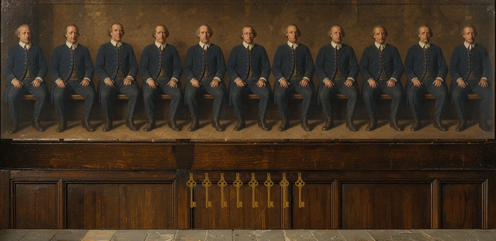 Oil painting of Pepe Unchained's governance: the key-holders seated in a council gallery, their keys hanging below.
